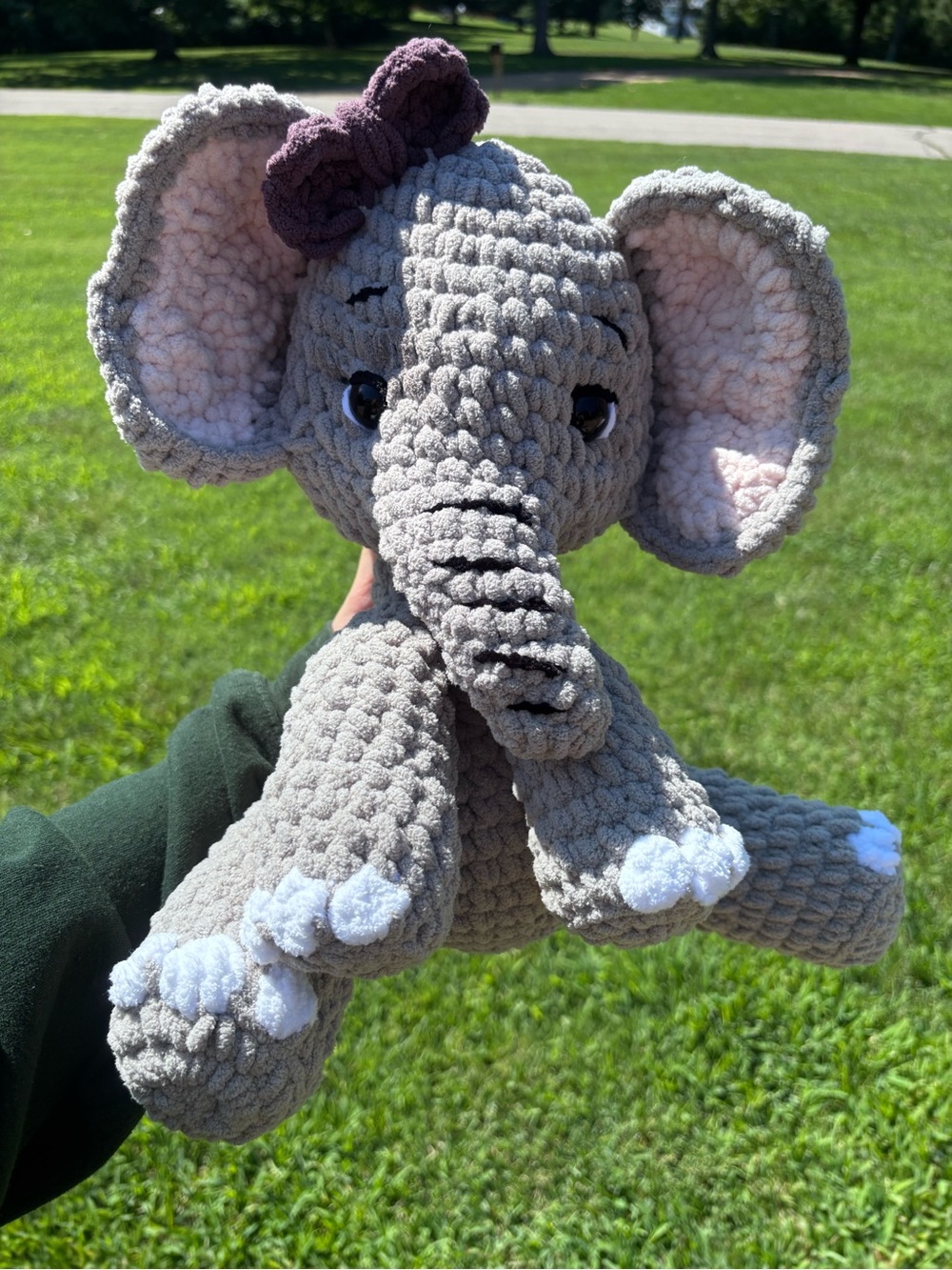 Handmade Crochet Plush Elephant with Bow - Gray & Pink